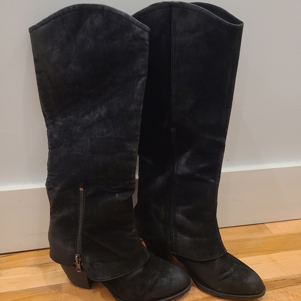 Black suede heeled knee high boots